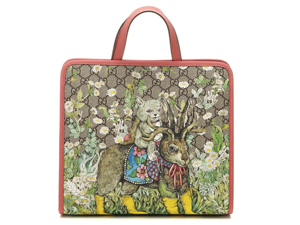 Gucci GG Tote Bag Beige Cream Pink Leather HU